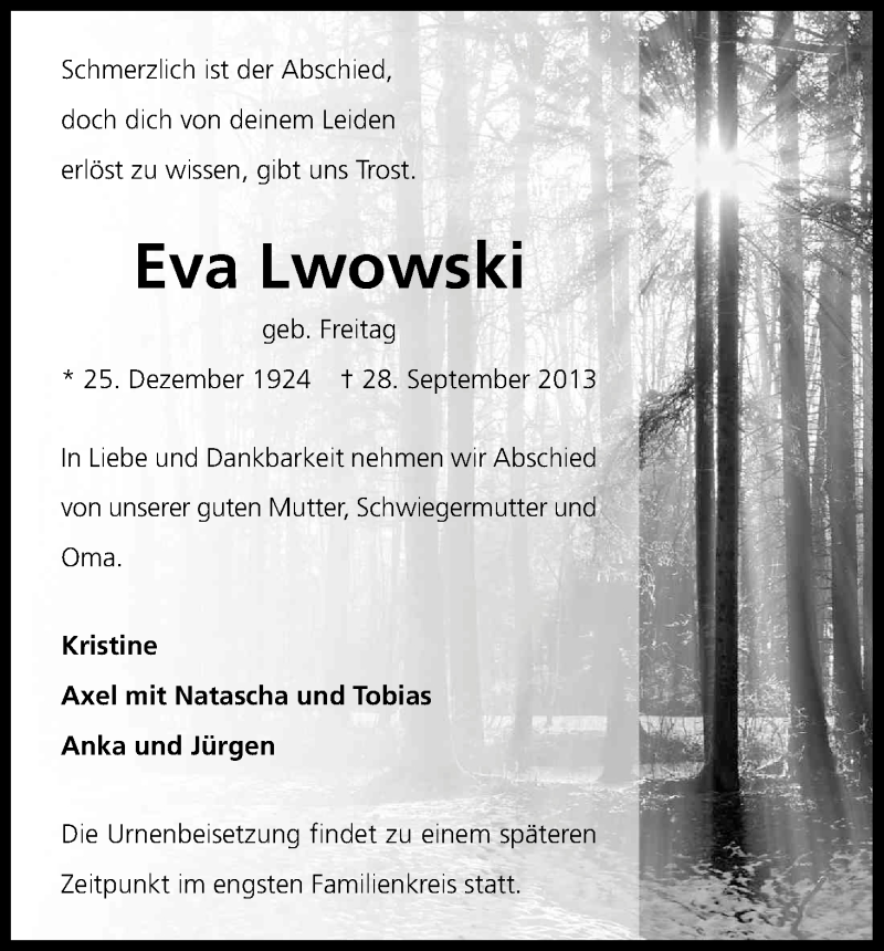  Traueranzeige für Eva Lwowski vom 02.10.2013 aus Kölner Stadt-Anzeiger / Kölnische Rundschau / Express