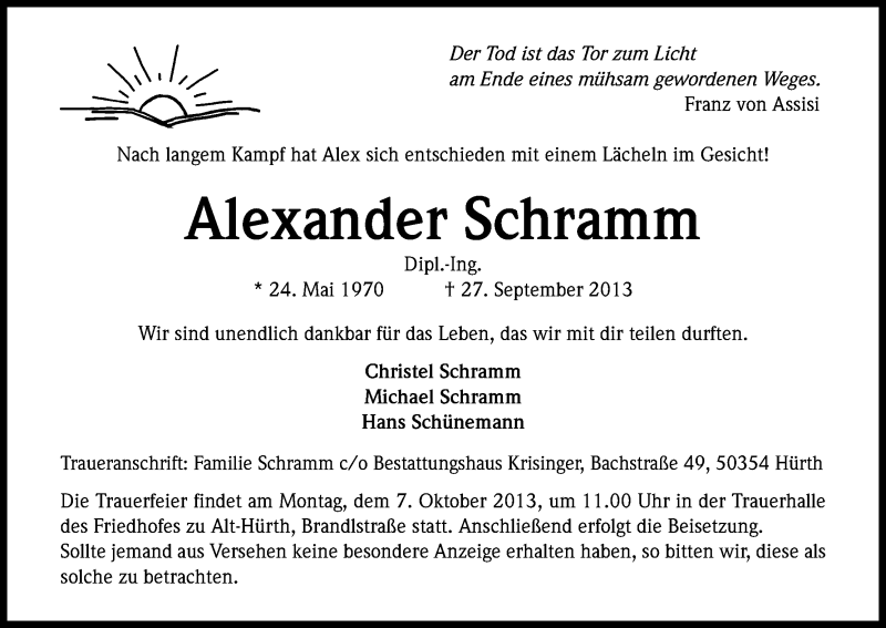  Traueranzeige für Alexander Schramm vom 01.10.2013 aus Kölner Stadt-Anzeiger / Kölnische Rundschau / Express