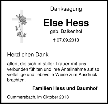 Anzeige von Else Hess von Kölner Stadt-Anzeiger / Kölnische Rundschau / Express