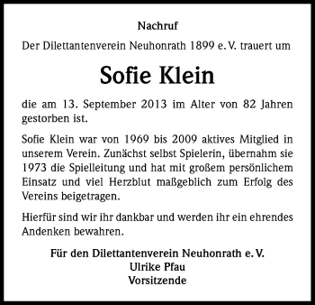 Anzeige von Sofie Klein von Kölner Stadt-Anzeiger / Kölnische Rundschau / Express