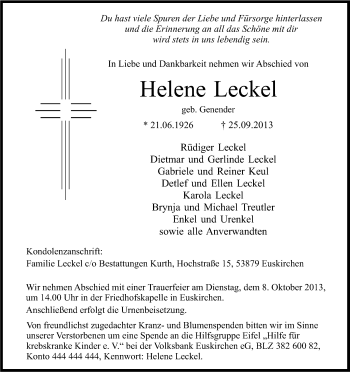 Anzeige von Helene Leckel von Kölner Stadt-Anzeiger / Kölnische Rundschau / Express