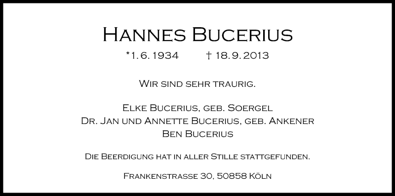  Traueranzeige für Hannes Bucerius vom 05.10.2013 aus Kölner Stadt-Anzeiger / Kölnische Rundschau / Express