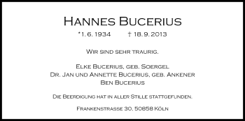 Anzeige von Hannes Bucerius von Kölner Stadt-Anzeiger / Kölnische Rundschau / Express