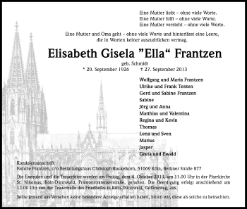 Anzeige von Elisabeth Gisela Frantzen von Kölner Stadt-Anzeiger / Kölnische Rundschau / Express