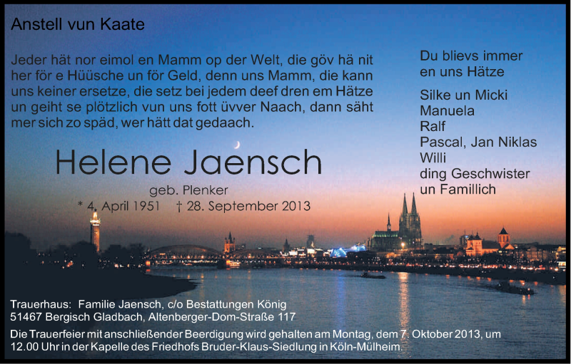  Traueranzeige für Helene Jaensch vom 02.10.2013 aus Kölner Stadt-Anzeiger / Kölnische Rundschau / Express