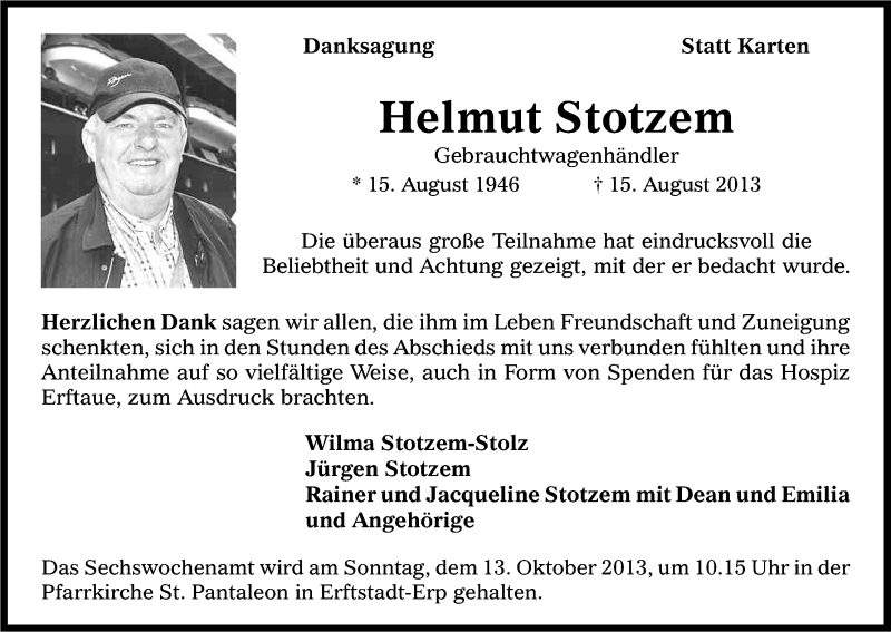  Traueranzeige für Helmut Stotzem vom 05.10.2013 aus Kölner Stadt-Anzeiger / Kölnische Rundschau / Express