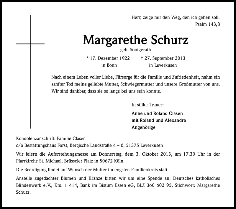  Traueranzeige für Margarethe Schurz vom 02.10.2013 aus Kölner Stadt-Anzeiger / Kölnische Rundschau / Express