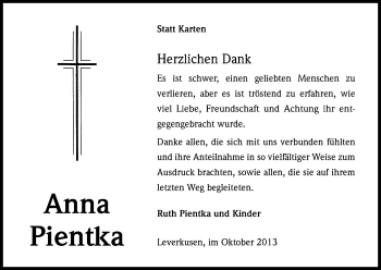 Anzeige von Anna Pientka von Kölner Stadt-Anzeiger / Kölnische Rundschau / Express