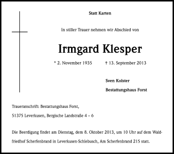 Anzeige von Irmgard Klesper von Kölner Stadt-Anzeiger / Kölnische Rundschau / Express