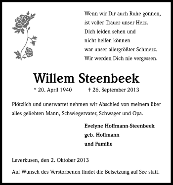 Anzeige von Willem Steenbeek von Kölner Stadt-Anzeiger / Kölnische Rundschau / Express