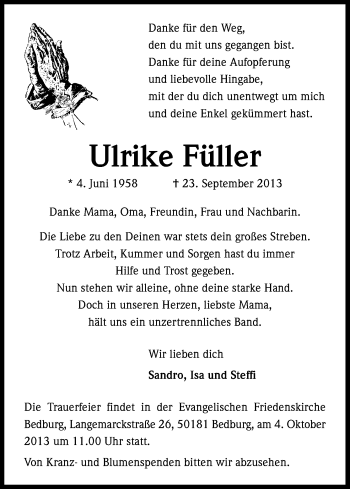 Anzeige von Ulrike Füller von Kölner Stadt-Anzeiger / Kölnische Rundschau / Express