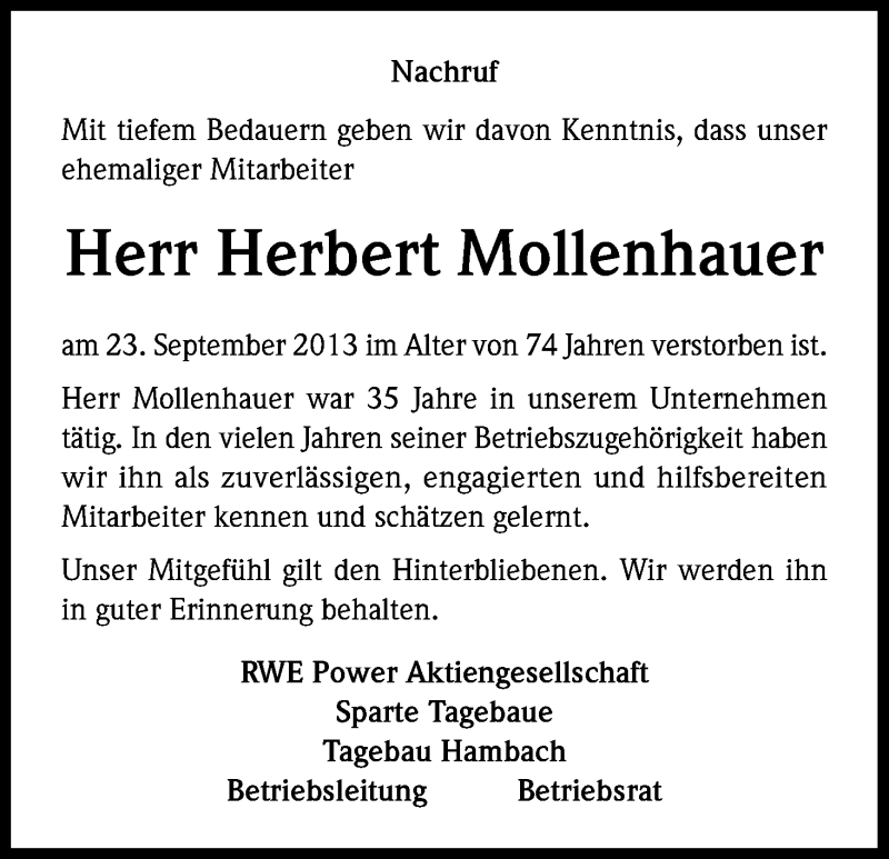  Traueranzeige für Herbert Mollenhauer vom 03.10.2013 aus Kölner Stadt-Anzeiger / Kölnische Rundschau / Express