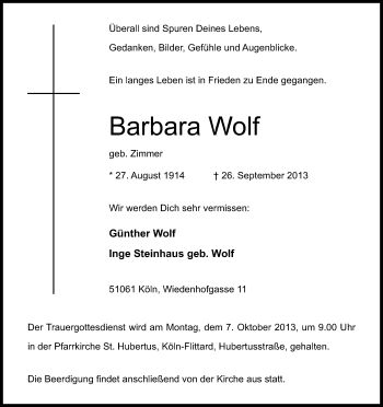 Anzeige von Barbara Wolf von Kölner Stadt-Anzeiger / Kölnische Rundschau / Express
