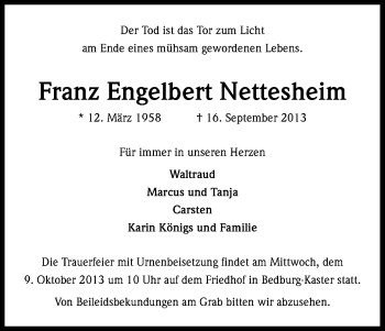 Anzeige von Franz Engelbert Nettesheim von Kölner Stadt-Anzeiger / Kölnische Rundschau / Express