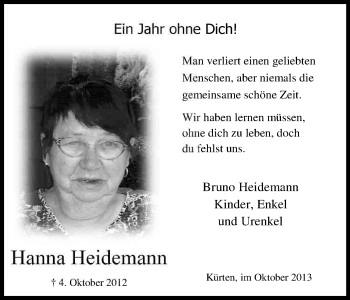Anzeige von Hanna Heidemann von Kölner Stadt-Anzeiger / Kölnische Rundschau / Express