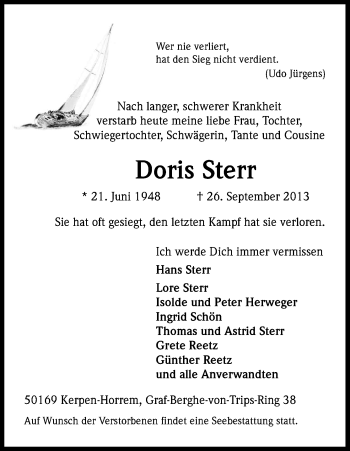 Anzeige von Doris Sterr von Kölner Stadt-Anzeiger / Kölnische Rundschau / Express