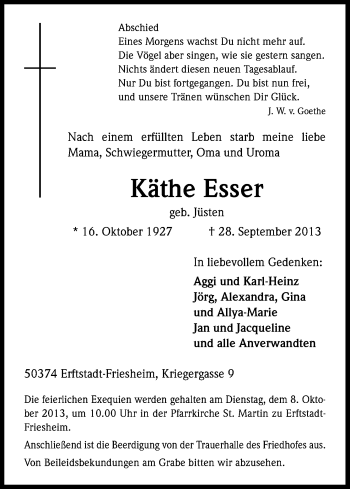 Anzeige von Käthe Esser von Kölner Stadt-Anzeiger / Kölnische Rundschau / Express