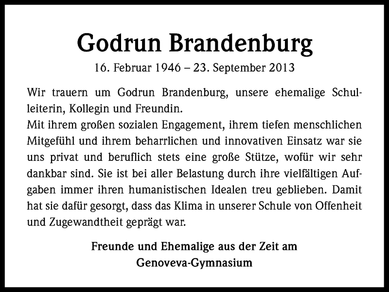  Traueranzeige für Godrun Brandenburg vom 05.10.2013 aus Kölner Stadt-Anzeiger / Kölnische Rundschau / Express
