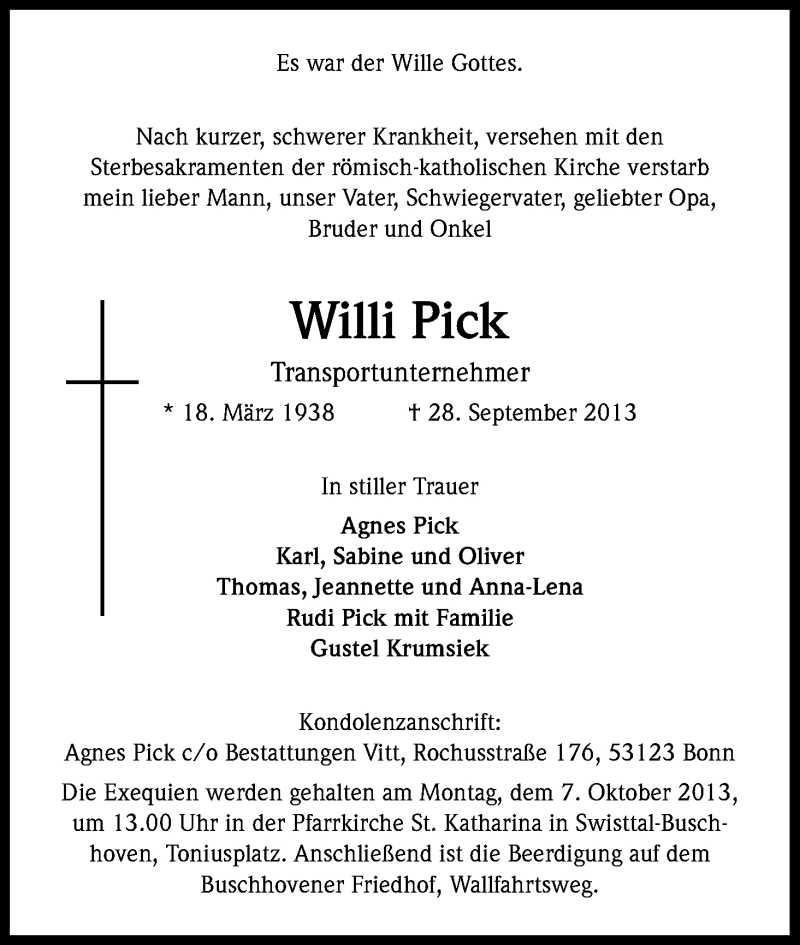  Traueranzeige für Willi Pick vom 02.10.2013 aus Kölner Stadt-Anzeiger / Kölnische Rundschau / Express