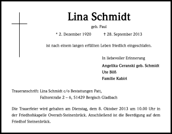 Anzeige von Lina Schmidt von Kölner Stadt-Anzeiger / Kölnische Rundschau / Express