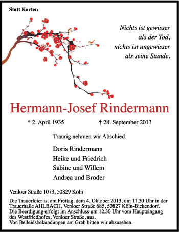 Anzeige von Hermann-Josef Rindermann von Kölner Stadt-Anzeiger / Kölnische Rundschau / Express