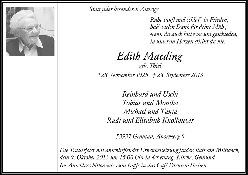  Traueranzeige für Edith Maeding vom 03.10.2013 aus Kölner Stadt-Anzeiger / Kölnische Rundschau / Express