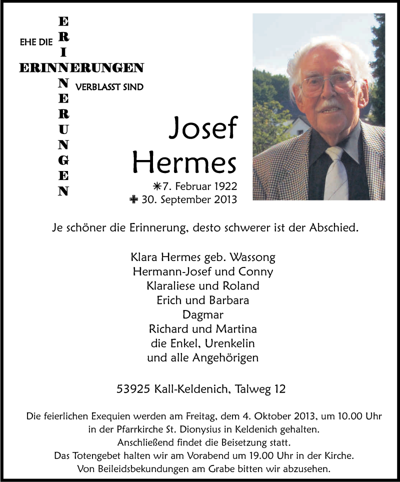  Traueranzeige für Josef Hermes vom 02.10.2013 aus Kölner Stadt-Anzeiger / Kölnische Rundschau / Express