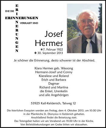 Anzeige von Josef Hermes von Kölner Stadt-Anzeiger / Kölnische Rundschau / Express