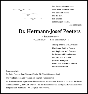 Anzeige von Hermann-Josef Peeters von Kölner Stadt-Anzeiger / Kölnische Rundschau / Express