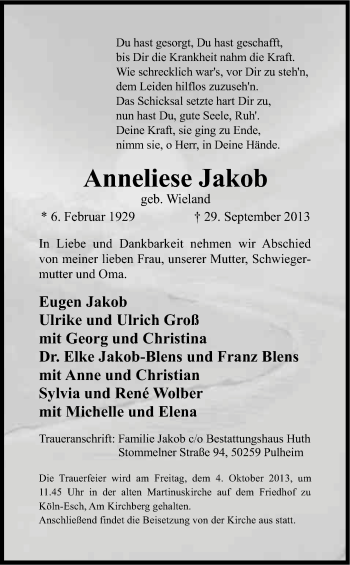 Anzeige von Annelie Jakob von Kölner Stadt-Anzeiger / Kölnische Rundschau / Express