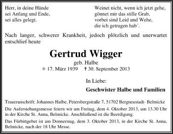 Anzeige von Gertrud Wigger von Kölner Stadt-Anzeiger / Kölnische Rundschau / Express