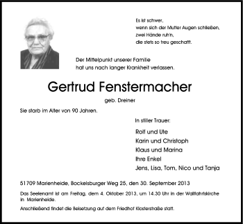 Anzeige von Gertrud Fenstermacher von Kölner Stadt-Anzeiger / Kölnische Rundschau / Express