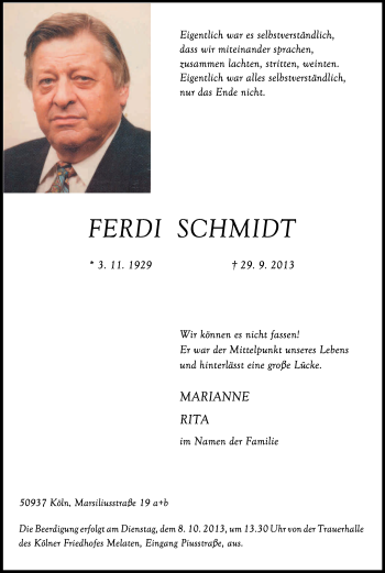 Anzeige von Ferdinand Schmidt von Kölner Stadt-Anzeiger / Kölnische Rundschau / Express