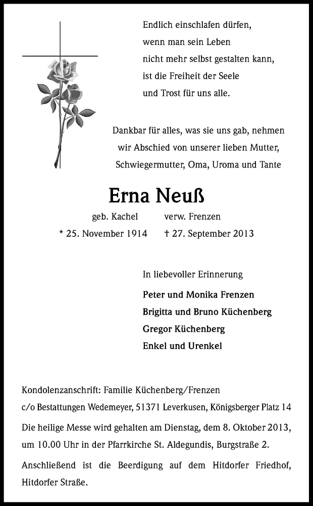  Traueranzeige für Erna Neuß vom 05.10.2013 aus Kölner Stadt-Anzeiger / Kölnische Rundschau / Express