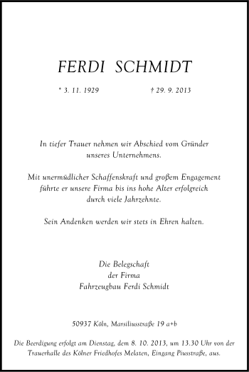 Anzeige von Ferdinand Schmidt von Kölner Stadt-Anzeiger / Kölnische Rundschau / Express