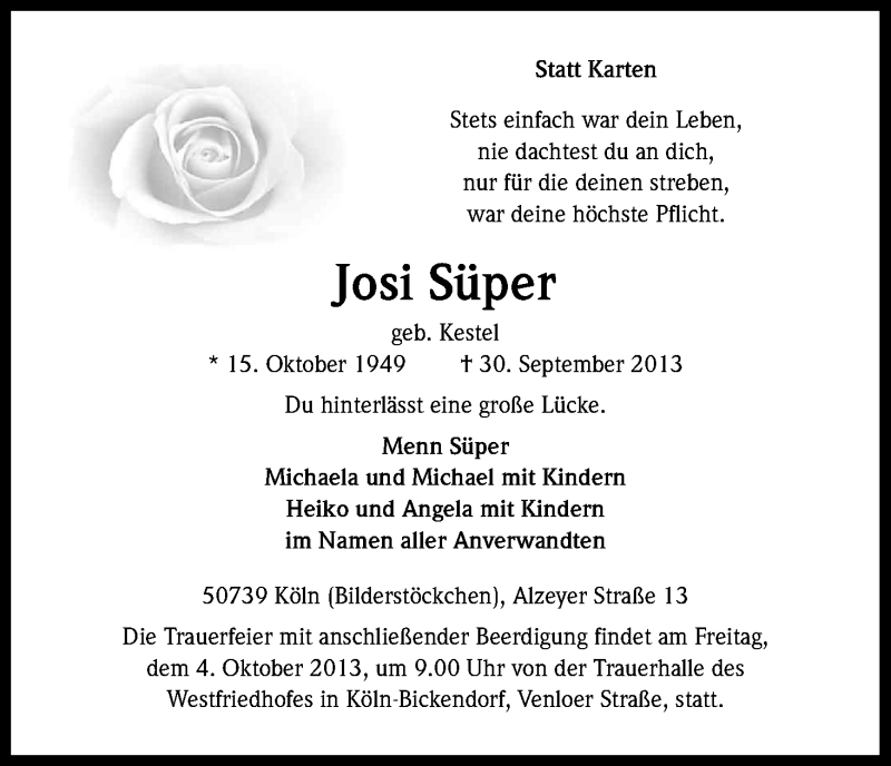 Traueranzeige für Süper Süper vom 02.10.2013 aus Kölner Stadt-Anzeiger / Kölnische Rundschau / Express