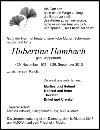 Anzeige von Hubertine Hombach von Kölner Stadt-Anzeiger / Kölnische Rundschau / Express