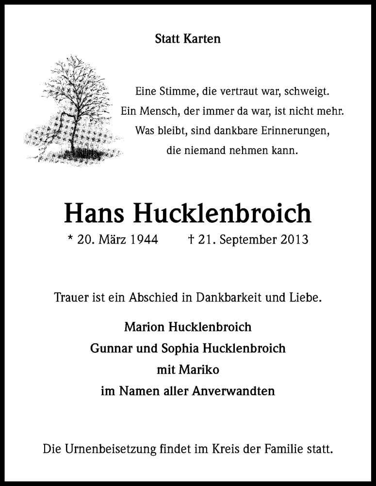  Traueranzeige für Hans Hucklenbroich vom 05.10.2013 aus Kölner Stadt-Anzeiger / Kölnische Rundschau / Express