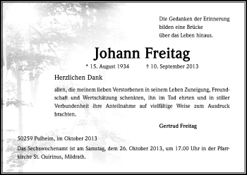 Anzeige von Johann Freitag von Kölner Stadt-Anzeiger / Kölnische Rundschau / Express