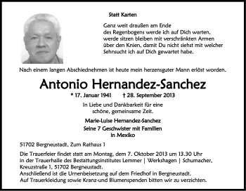 Anzeige von Antonio Hernandez-Sanchez von Kölner Stadt-Anzeiger / Kölnische Rundschau / Express