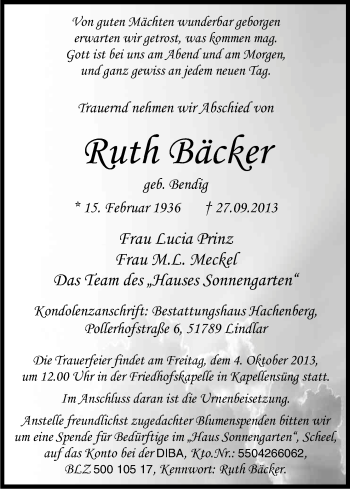 Anzeige von Ruth Bäcker von Kölner Stadt-Anzeiger / Kölnische Rundschau / Express