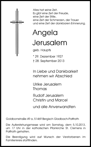 Anzeige von Angela Jerusalem von Kölner Stadt-Anzeiger / Kölnische Rundschau / Express