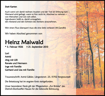 Anzeige von Heinz Maiwald von Kölner Stadt-Anzeiger / Kölnische Rundschau / Express