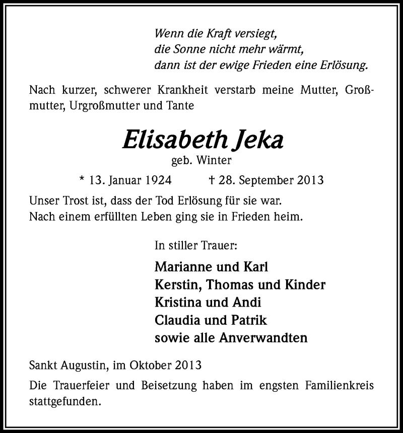 Traueranzeige für Elisabeth Jeka vom 05.10.2013 aus Kölner Stadt-Anzeiger / Kölnische Rundschau / Express