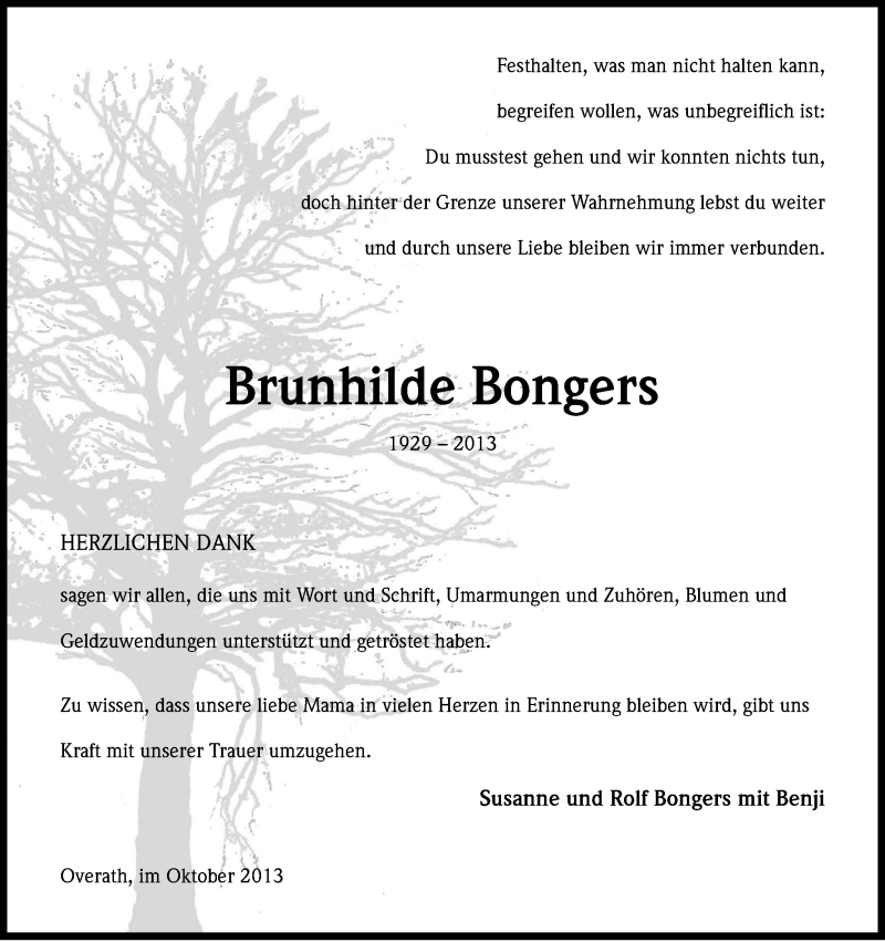  Traueranzeige für Brunhilde Bongers vom 05.10.2013 aus Kölner Stadt-Anzeiger / Kölnische Rundschau / Express