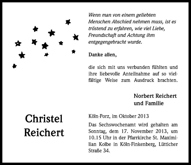  Traueranzeige für Christel Reichert vom 12.10.2013 aus Kölner Stadt-Anzeiger / Kölnische Rundschau / Express