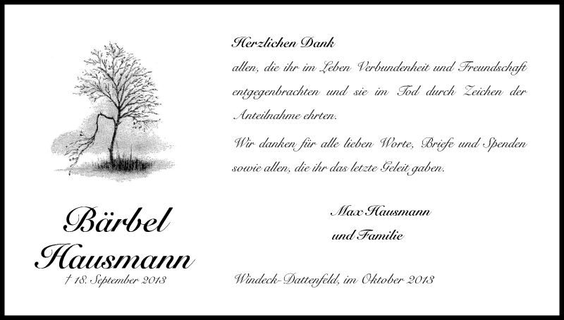  Traueranzeige für Bärbel Hausmann vom 12.10.2013 aus Kölner Stadt-Anzeiger / Kölnische Rundschau / Express