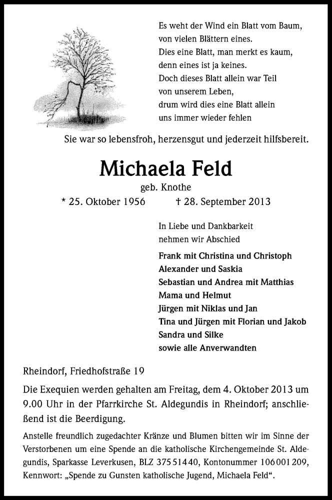 Traueranzeige für Michaela Feld vom 02.10.2013 aus Kölner Stadt-Anzeiger / Kölnische Rundschau / Express