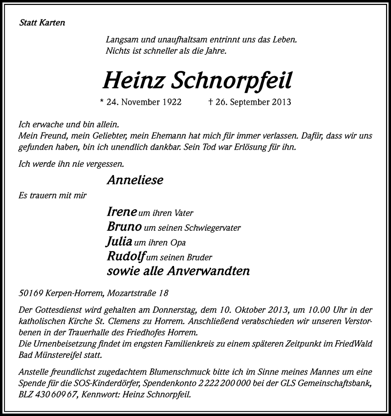  Traueranzeige für Heinz Schnorpfeil vom 05.10.2013 aus Kölner Stadt-Anzeiger / Kölnische Rundschau / Express