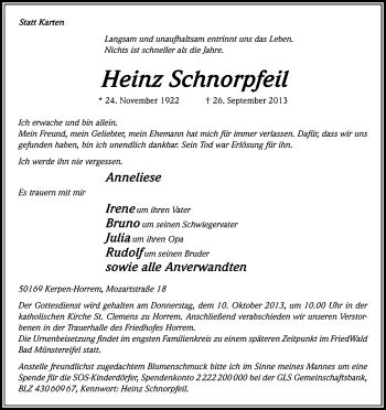 Anzeige von Heinz Schnorpfeil von Kölner Stadt-Anzeiger / Kölnische Rundschau / Express
